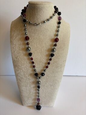 Black Red Purple Beaded Y Necklace w Drop Pendant  Boho Gothic Layering Necklace